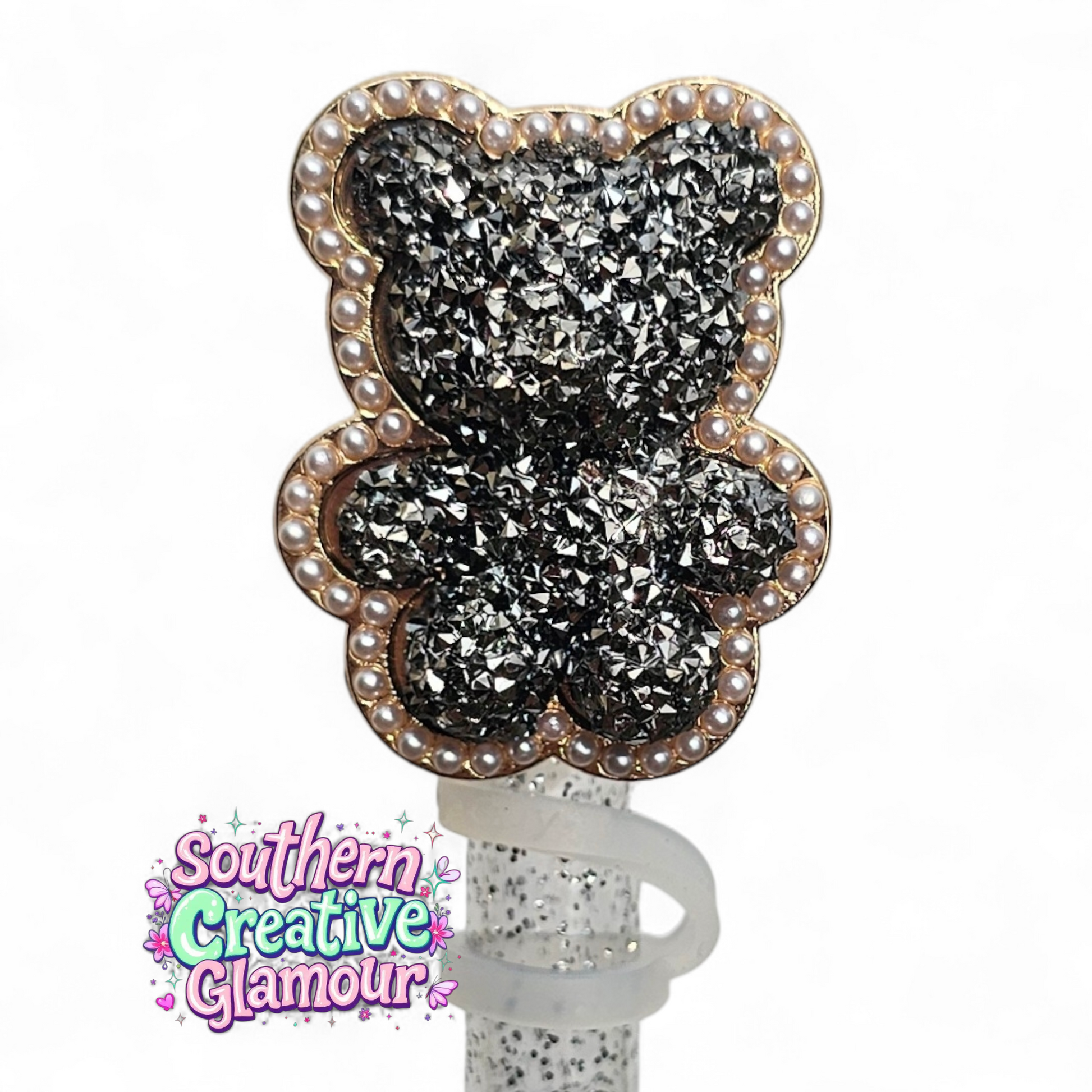 Black glitter teddy bear straw topper by Southern Creative Glamour 