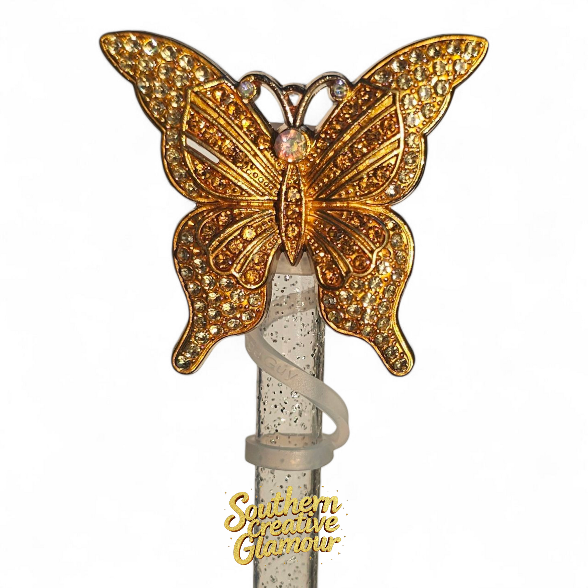 Gold Diamond Butterfly Straw Topper | 10mm Straw Cover by Southern Creative Glamour 