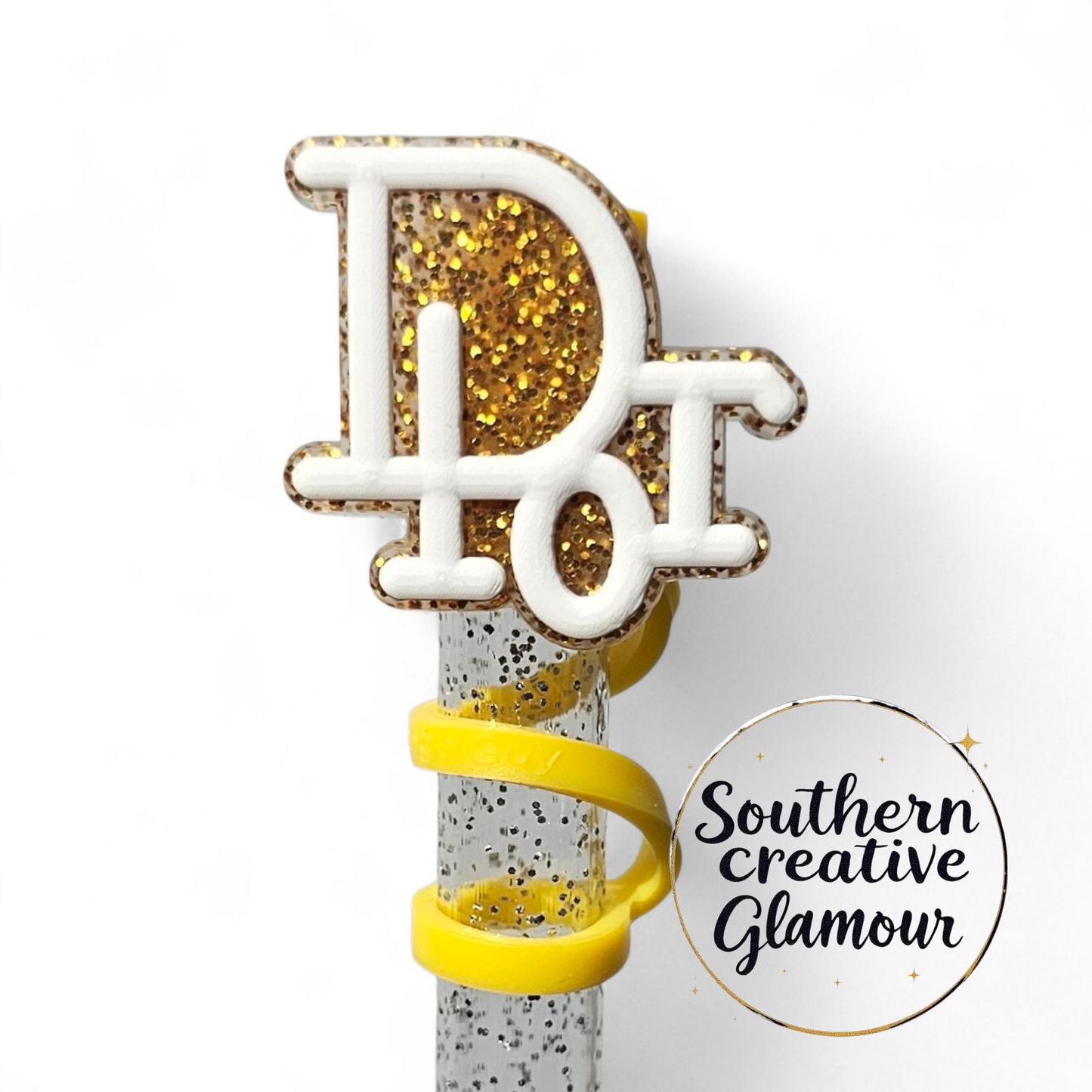 Dior inspired Gold Glitter and White 2D Silicone 10mm Straw Topper by Southern Creative Glamour 