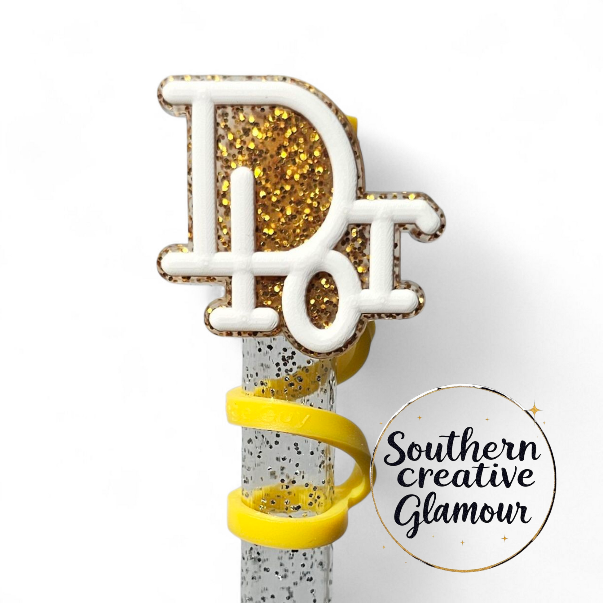 Dior inspired Gold Glitter and White 2D Silicone 10mm Straw Topper by Southern Creative Glamour 