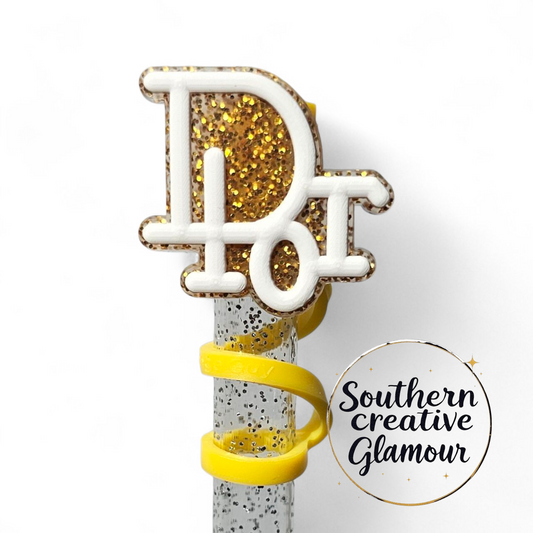 Dior inspired Gold Glitter and White 2D Silicone 10mm Straw Topper by Southern Creative Glamour 