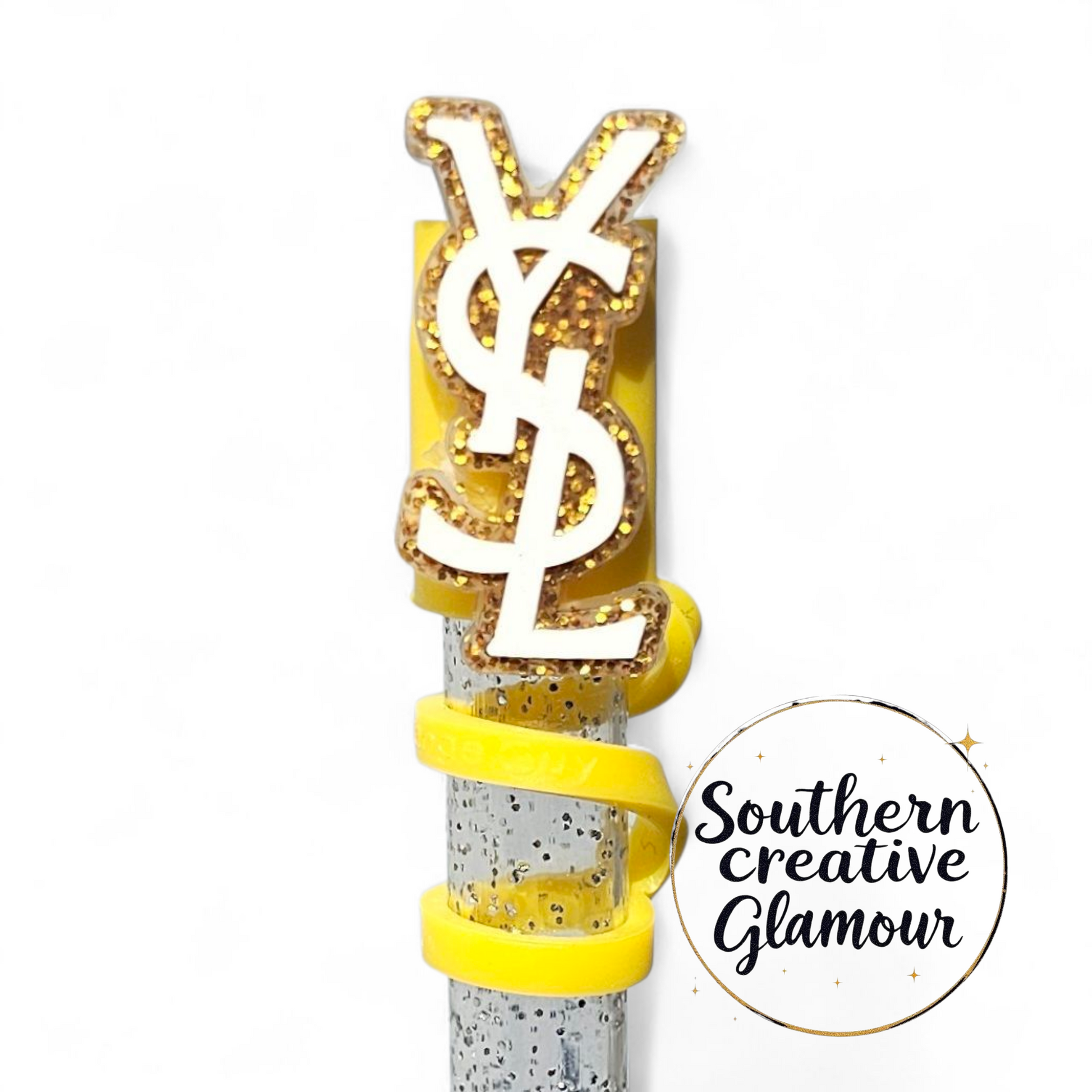 Saint Laurent YSL Gold Glitter & White Fashion 2D Silicone 10mm Straw Topper by Southern Creative Glamour 