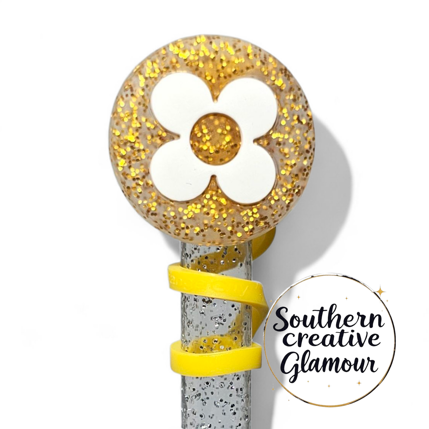 Louis Vuitton " LV " Flower inspired Gold Glitter & White 2D Silicone 10mm Straw Topper by Southern Creative Glamour 