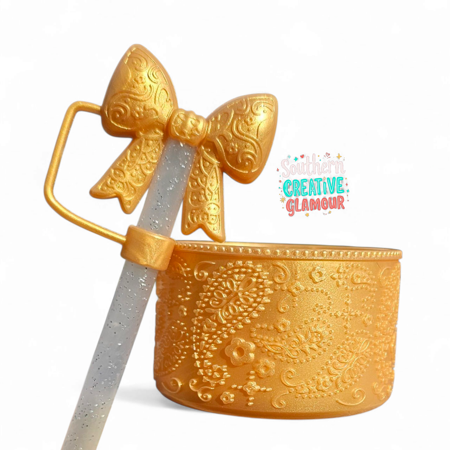 Gold Shimmer Paisley Silicone Tumbler Boot and Gold Shimmer Paisley Bow Straw Topper Set by Southern Creative Glamour 
