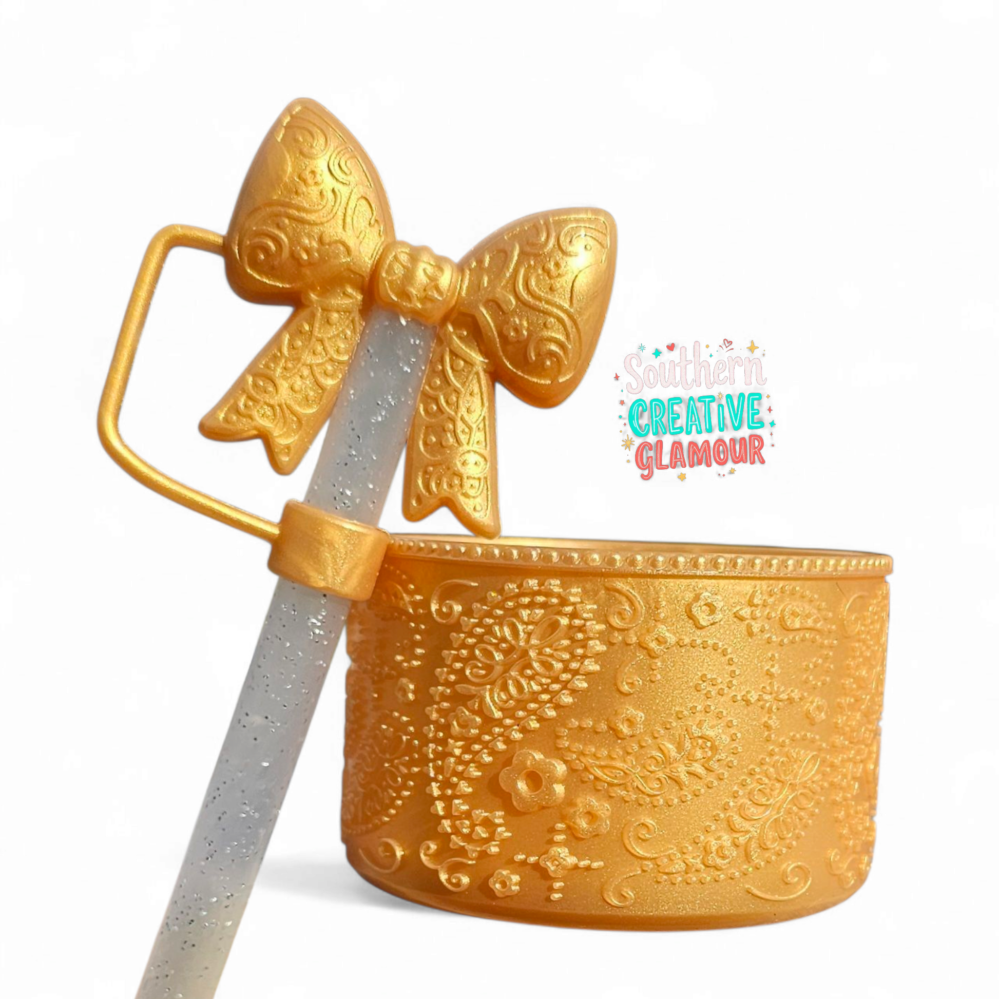 Gold Shimmer Paisley Silicone Tumbler Boot and Gold Shimmer Paisley Bow Straw Topper Set by Southern Creative Glamour 