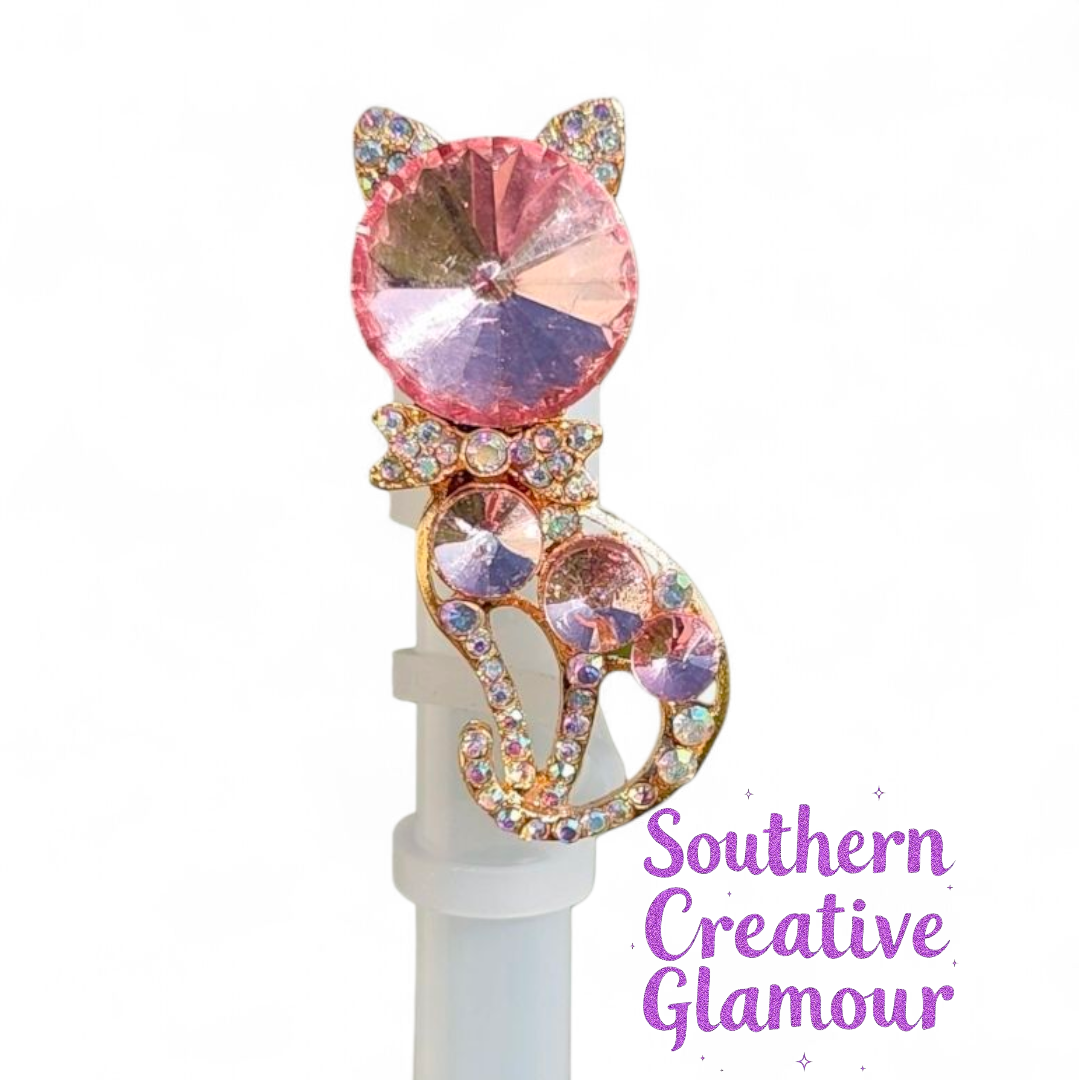 Deluxe Gold Diamond Pink Cat Straw Topper | Straw Cover by Southern Creative Glamour 