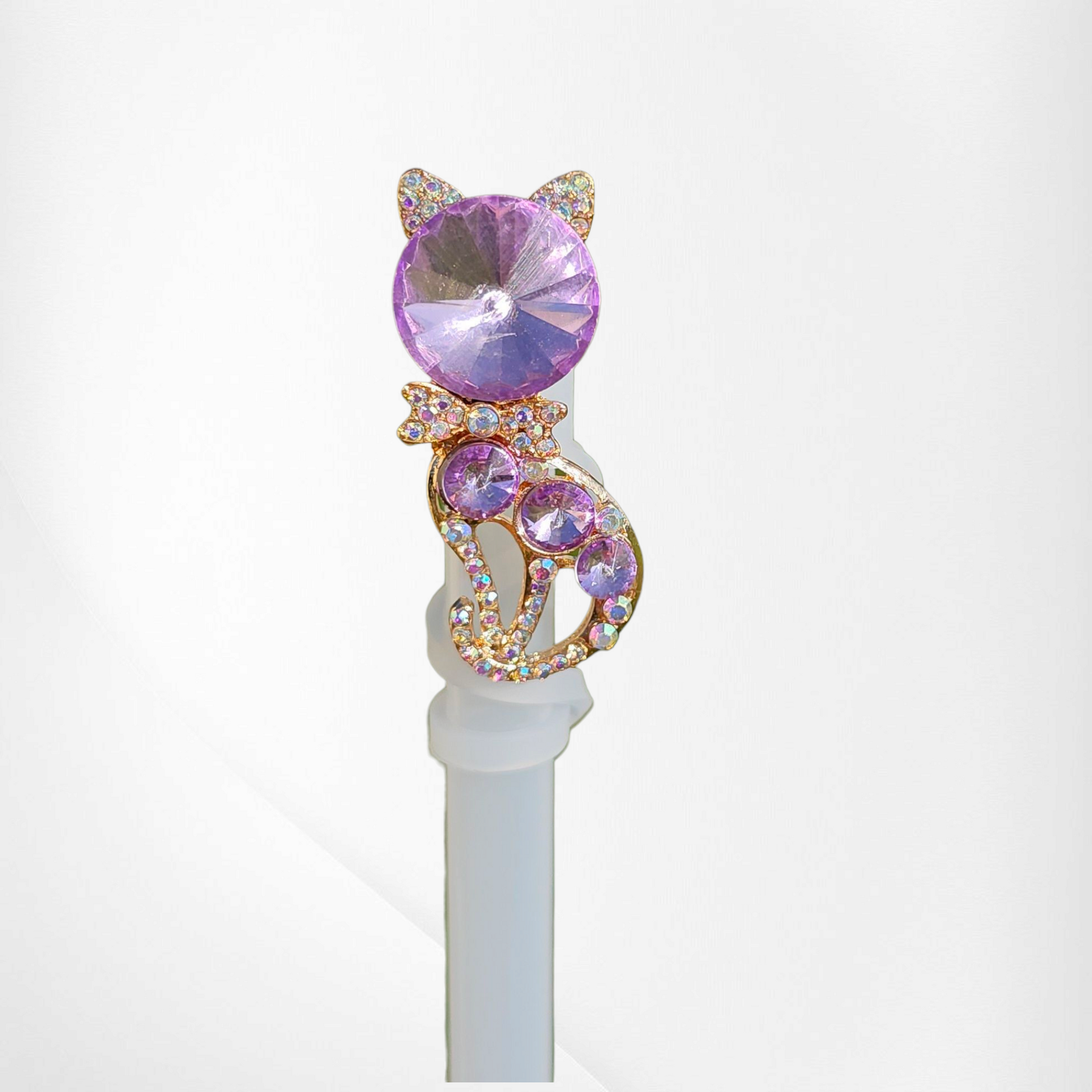 Deluxe Gold Diamond Purple Cat Straw Topper - Straw Cover. 