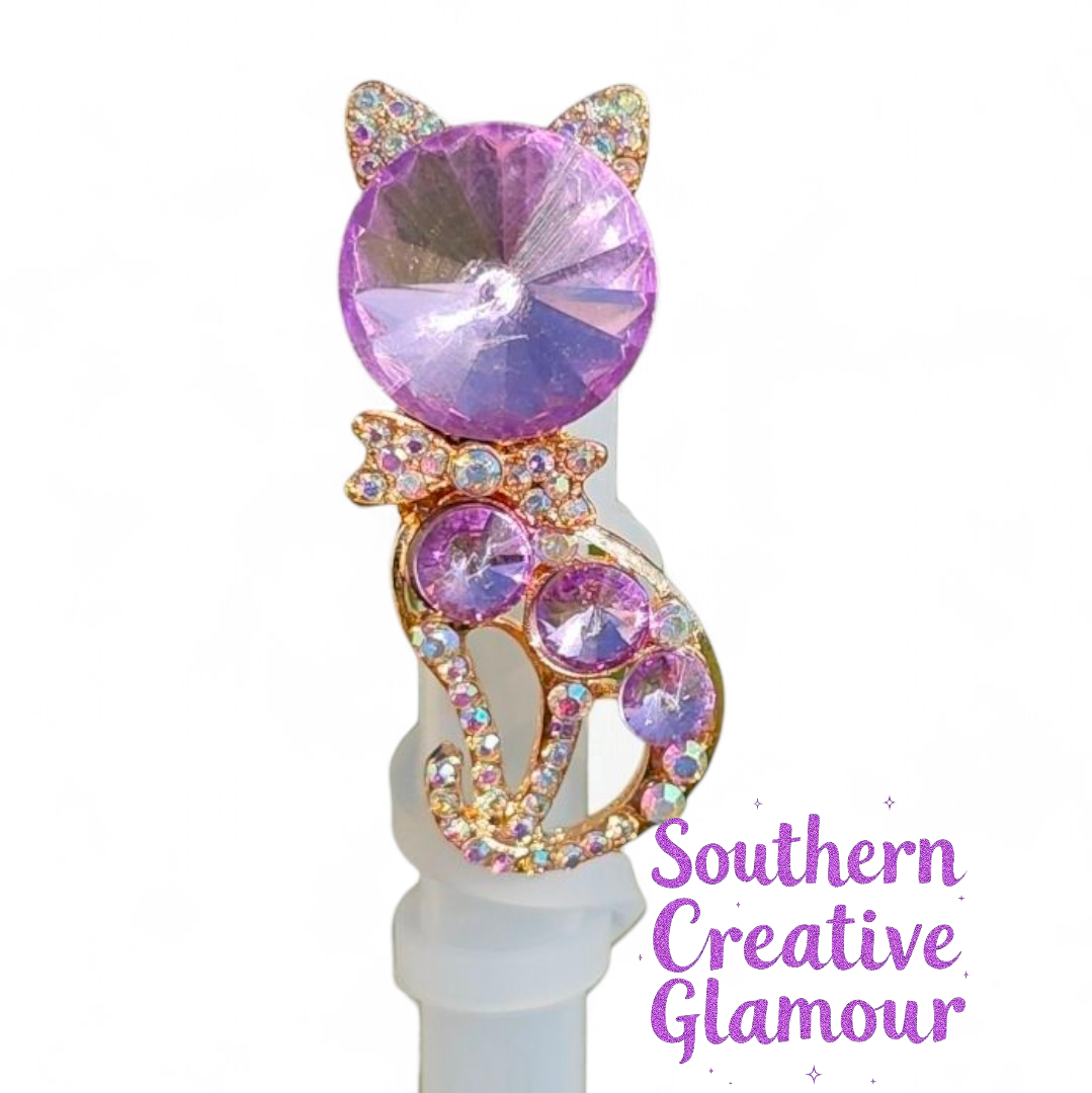Deluxe Gold Purple Diamond Cat 10mm Straw Topper | Straw Cover by Southern Creative Glamour 