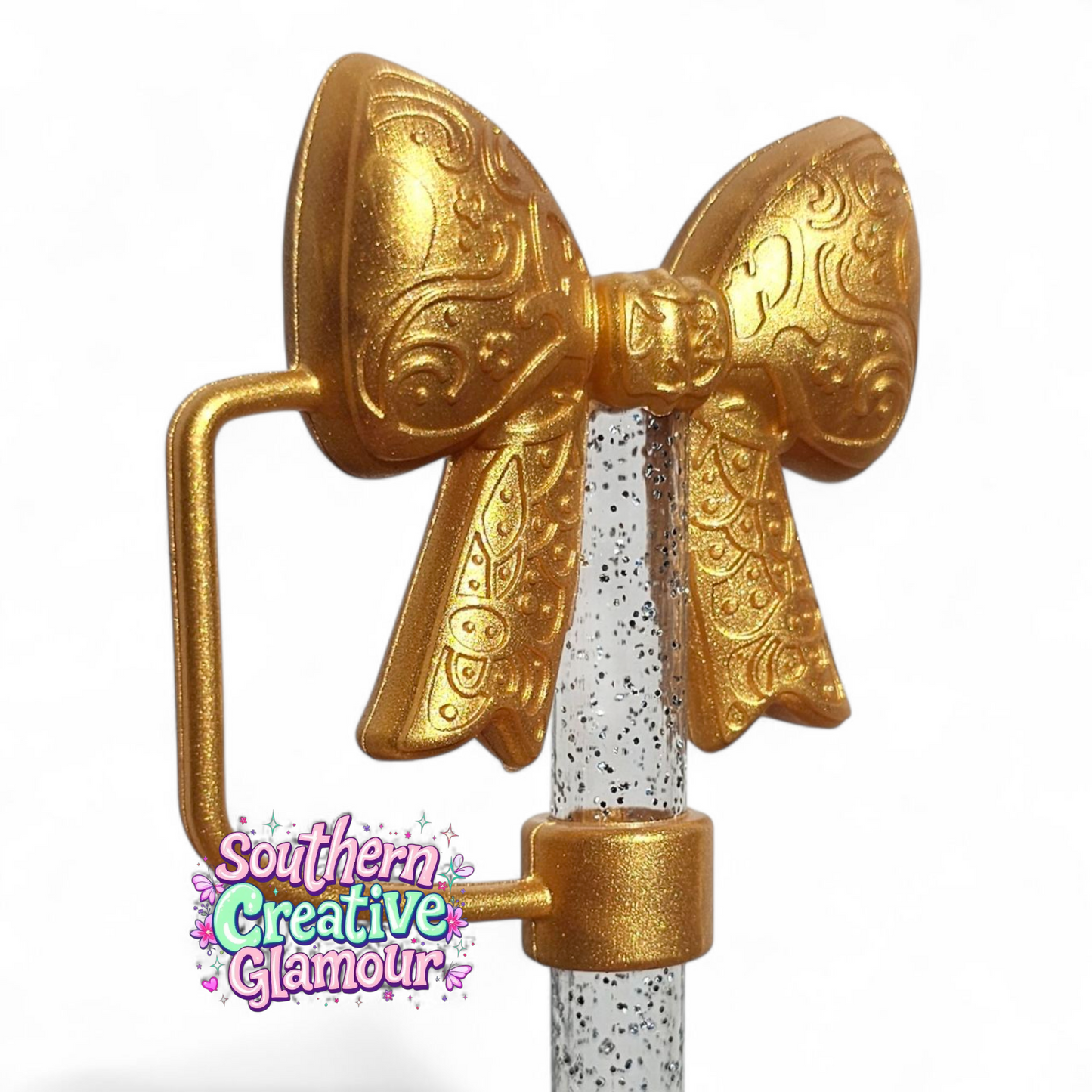 Gold Shimmer Paisley 3D Bow Silicone 10mm Straw Topper | Straw Cover by Southern Creative Glamour 