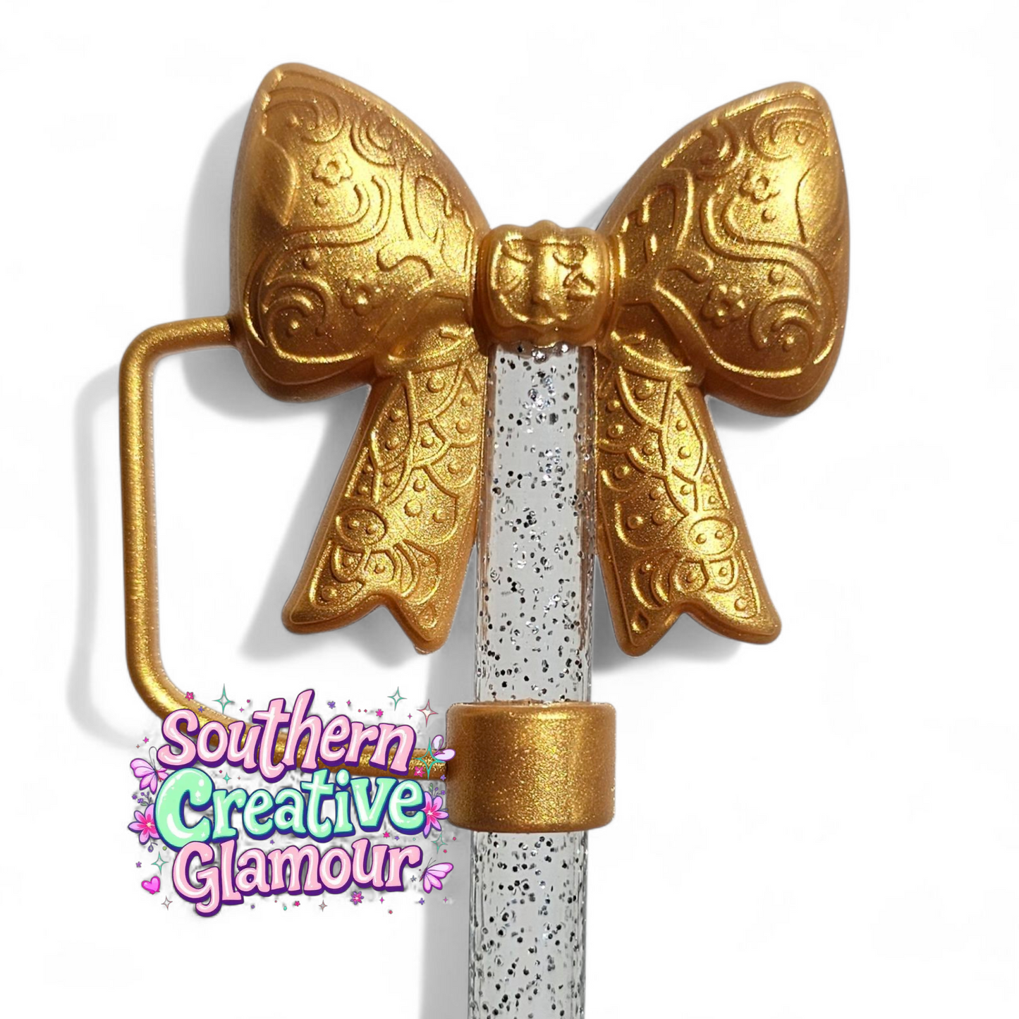 Gold Shimmer Paisley 3D Bow Silicone 10mm Straw Topper | Straw Cover by Southern Creative Glamour 