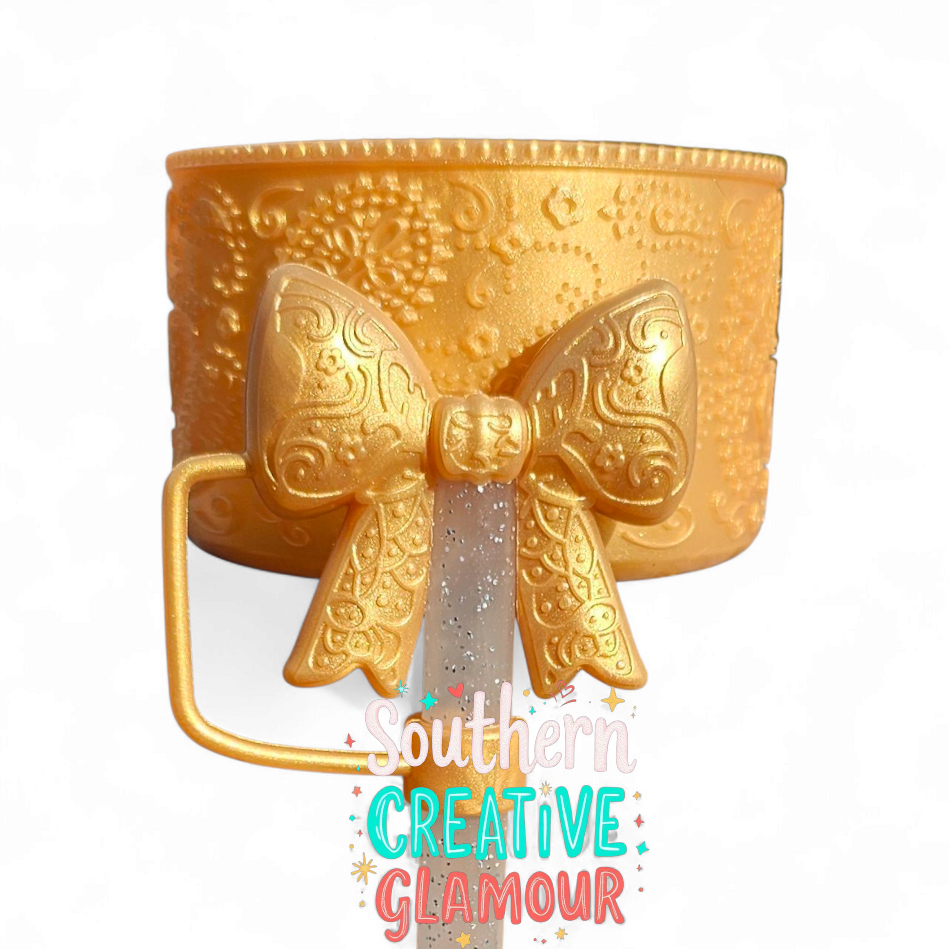 Gold Shimmer Paisley Silicone Tumbler Boot and Gold Shimmer Paisley Bow Straw Topper Set by Southern Creative Glamour 