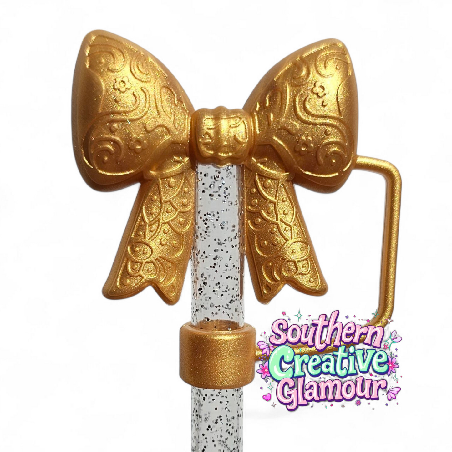 Gold Shimmer Paisley 3D Bow Silicone 10mm Straw Topper | Straw Cover by Southern Creative Glamour 