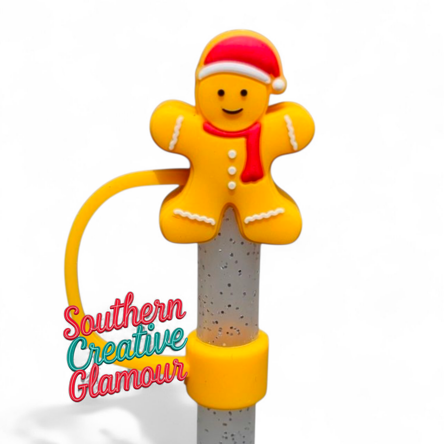 Golden Yellow Christmas Gingerbread Man Mini 3D Silicone 10mm Straw Toppers by Southern Creative Glamour 