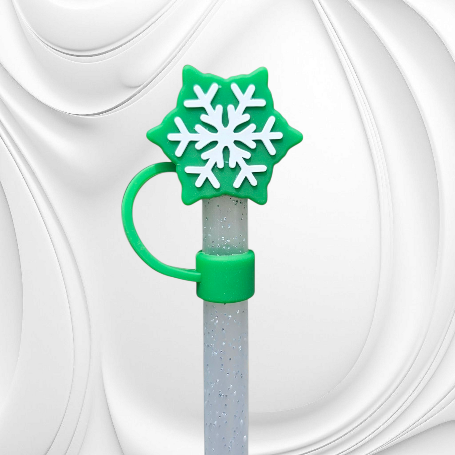Green and white Star shaped Snowflake Silicone Straw Topper 