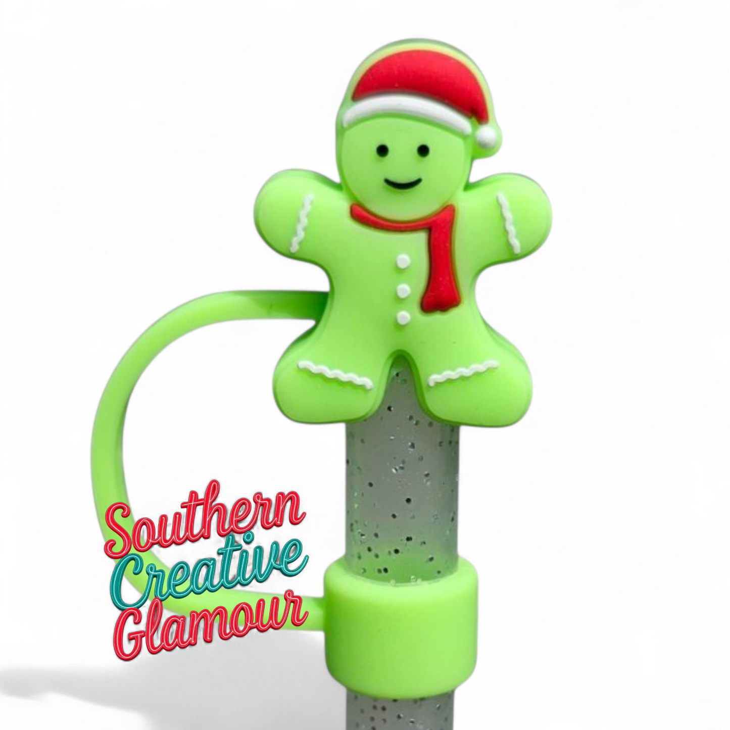 Bright Green Christmas Gingerbread Man Mini 3D Silicone 10mm Straw Toppers by Southern Creative Glamour 