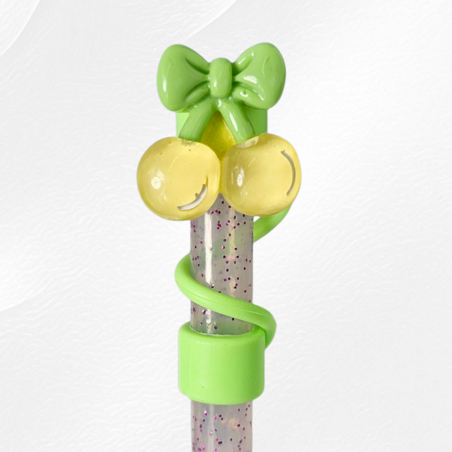 Green cherries & bows silicone straw topper