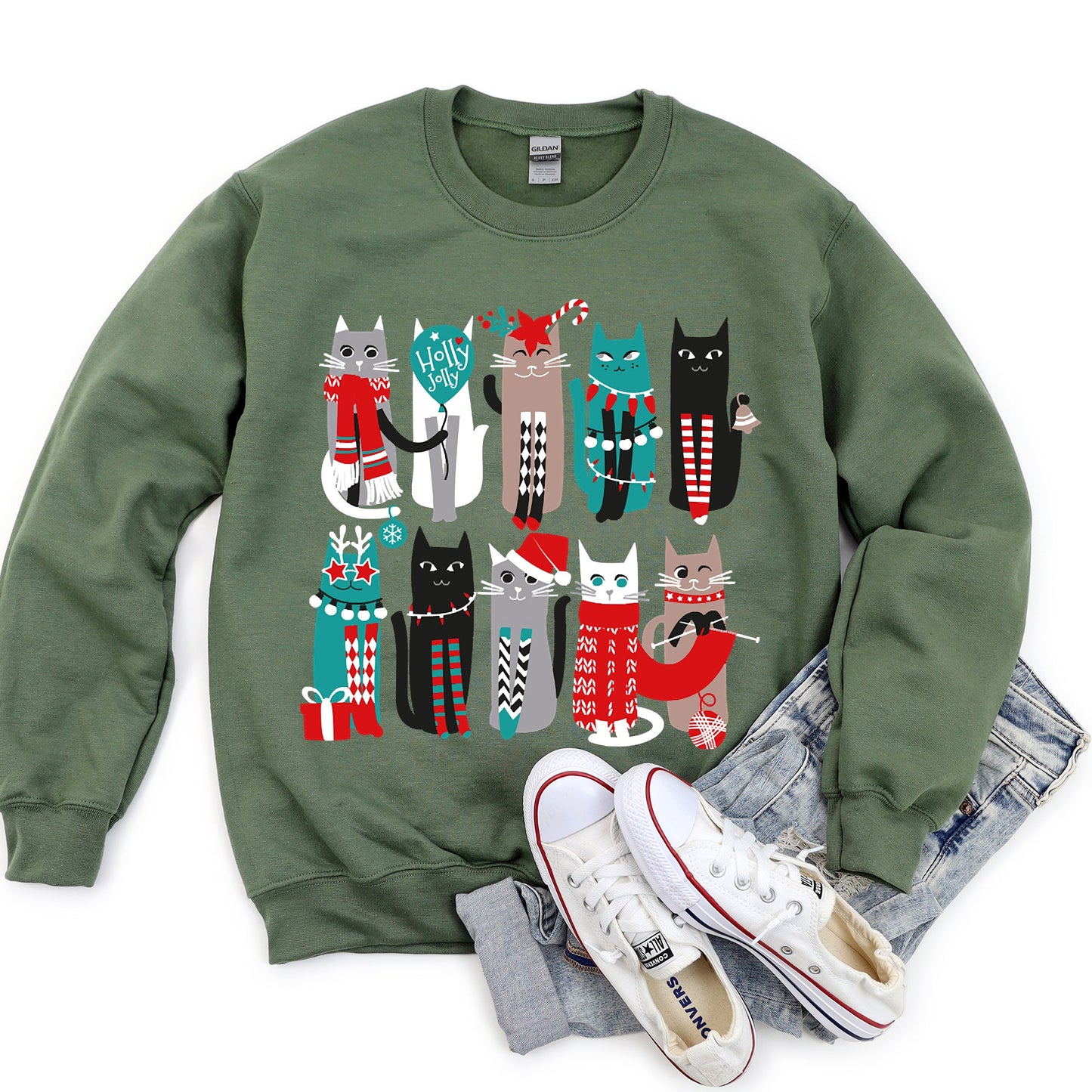 Military green Christmas Cats Cute Sweatshirt