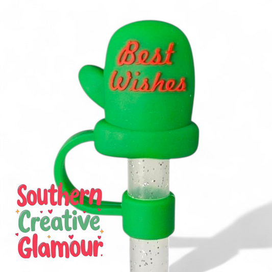 Green Christmas Holiday Mitten with " Best Wishes " in Red 3D Silicone Straw Topper | Straw Cover by Southern Creative Glamour 