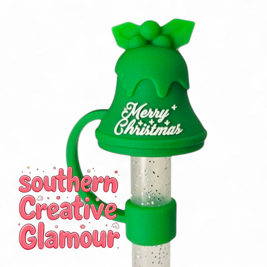 Green Merry Christmas Jingle Bell 3D Silicone 10mm Straw Topper by Southern Creative Glamour 