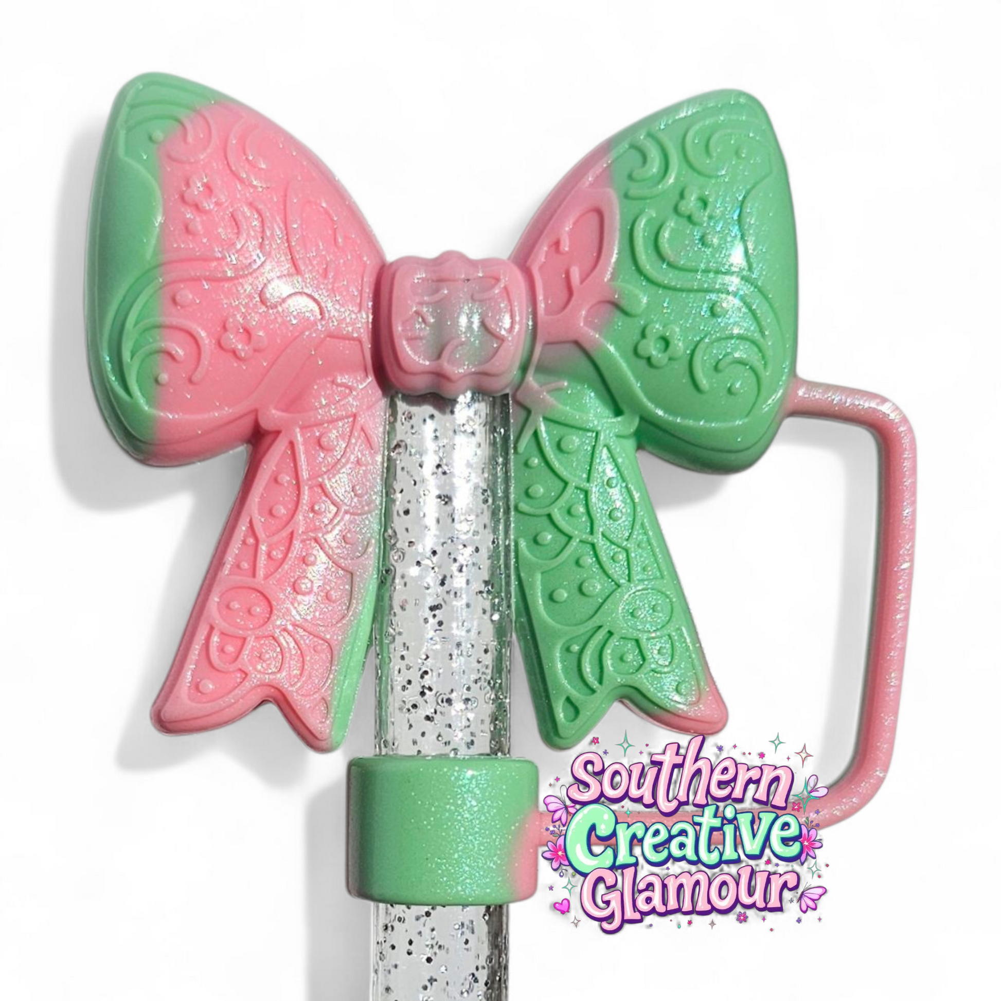Watermelon Shimmer Paisley 3D Bow Silicone 10mm Straw Topper | Straw Cover by Southern Creative Glamour 