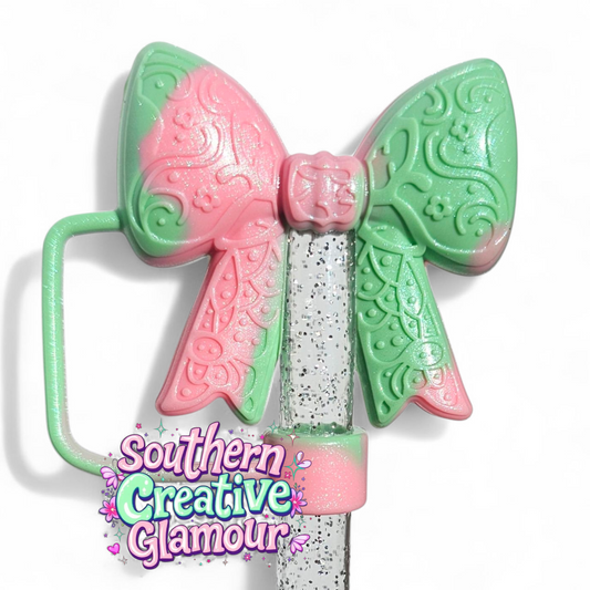 Watermelon Shimmer Paisley 3D Bow Silicone 10mm Straw Topper | Straw Cover by Southern Creative Glamour 