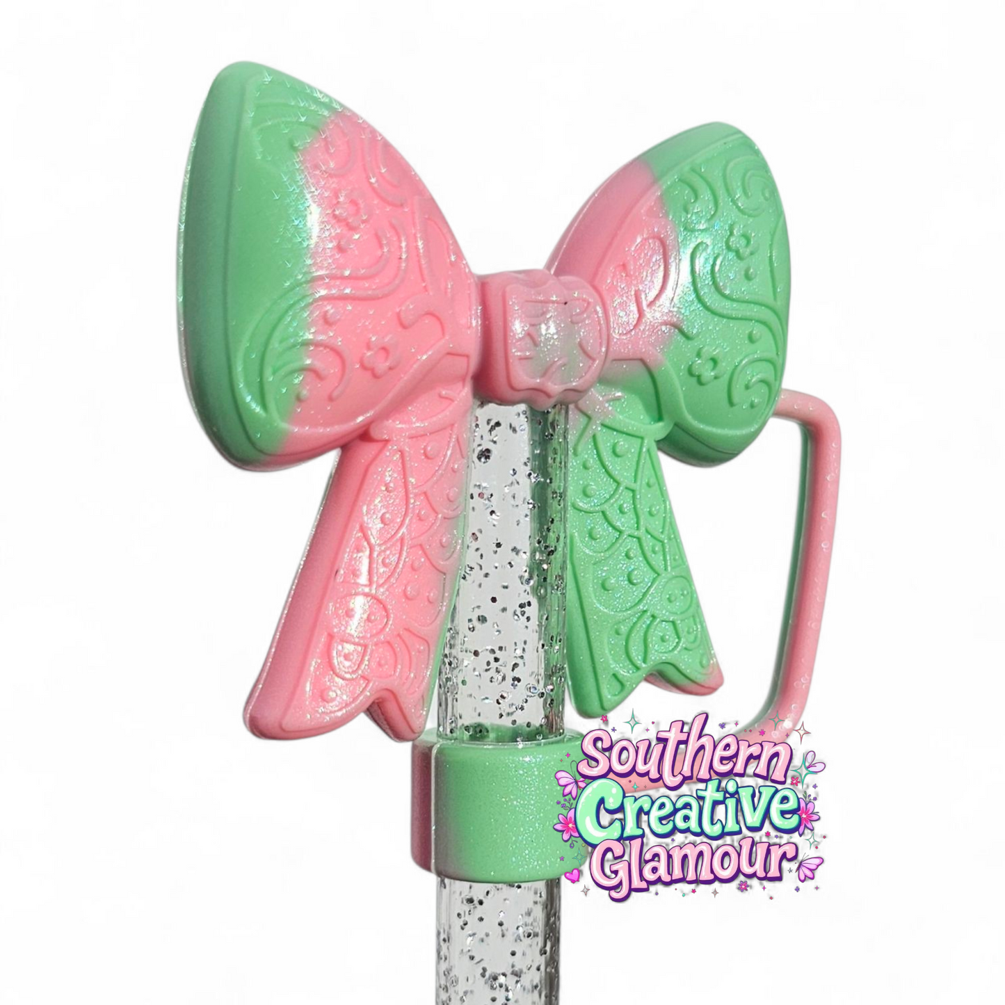 Watermelon Shimmer Paisley 3D Bow Silicone 10mm Straw Topper | Straw Cover by Southern Creative Glamour 