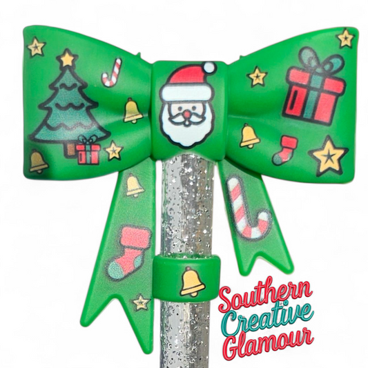 Green Christmas Santa 3D Bow Silicone 10mm Straw Topper by Southern Creative Glamour 