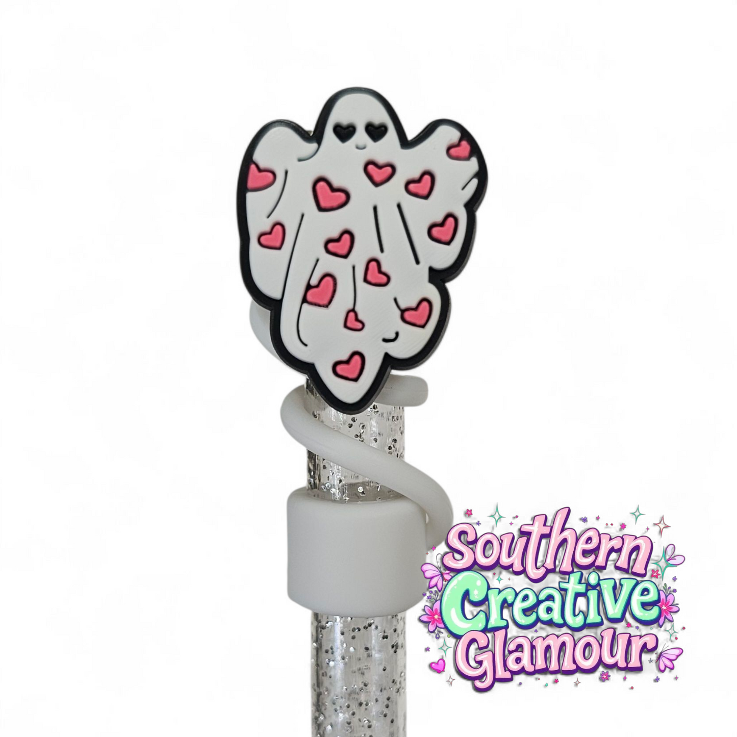 Pink Hearts Ghost Silicone 10mm Straw Topper by Southern Creative Glamour 
