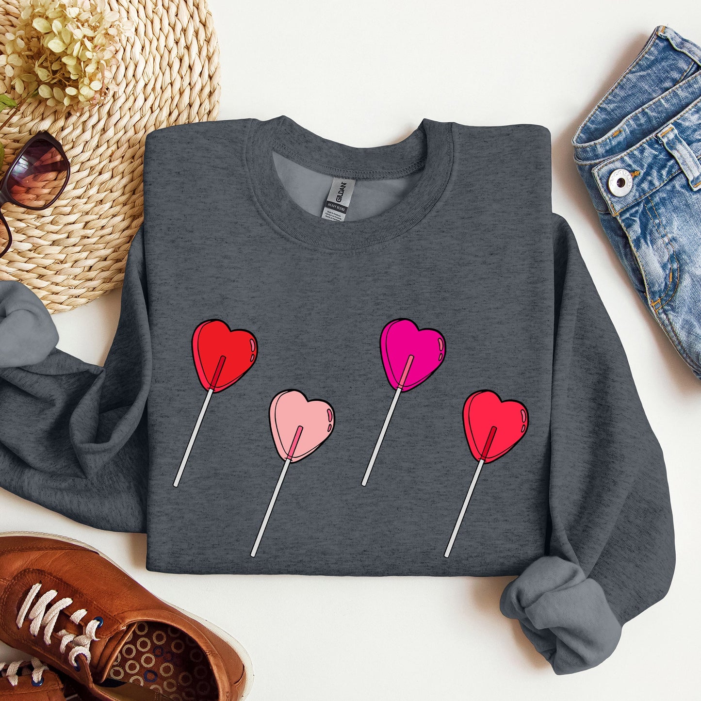 Dark Heather Gray Lollipop Hearts Valentine's Day Sweatshirt 
