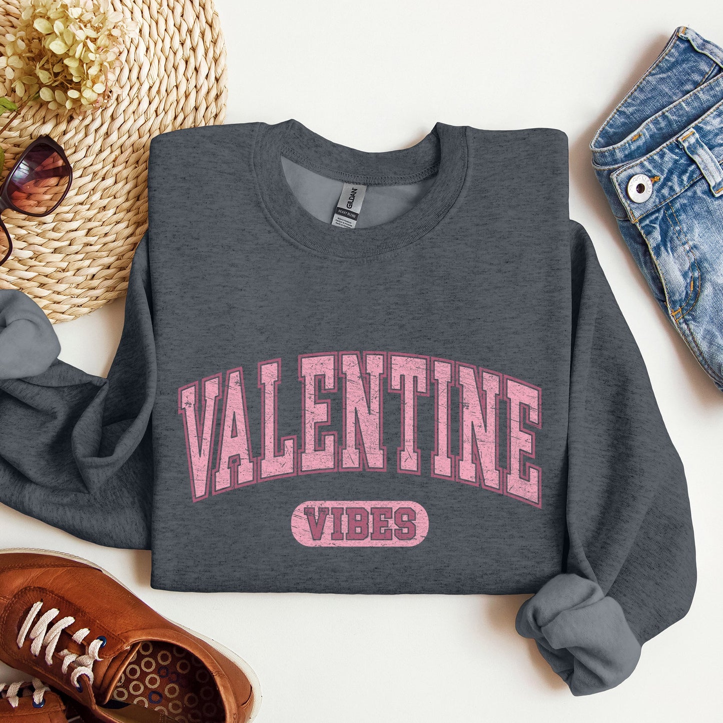 Dark Heather Gray Valentine Vibes College Style Sweatshirt – Cute Valentine Crewneck