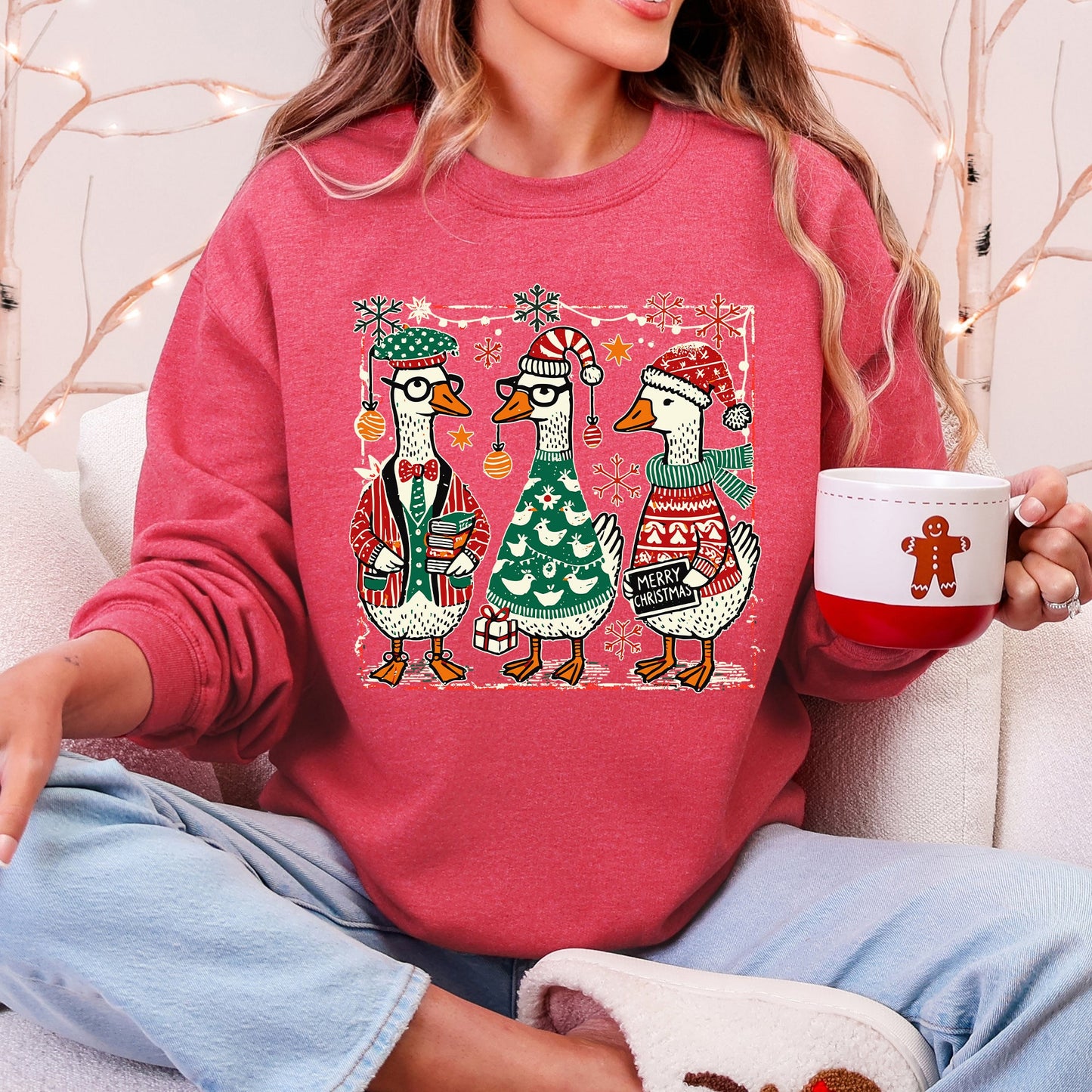 Heather Red Christmas Geese, Funny, Adorable, Cute, Retro Sweatshirt