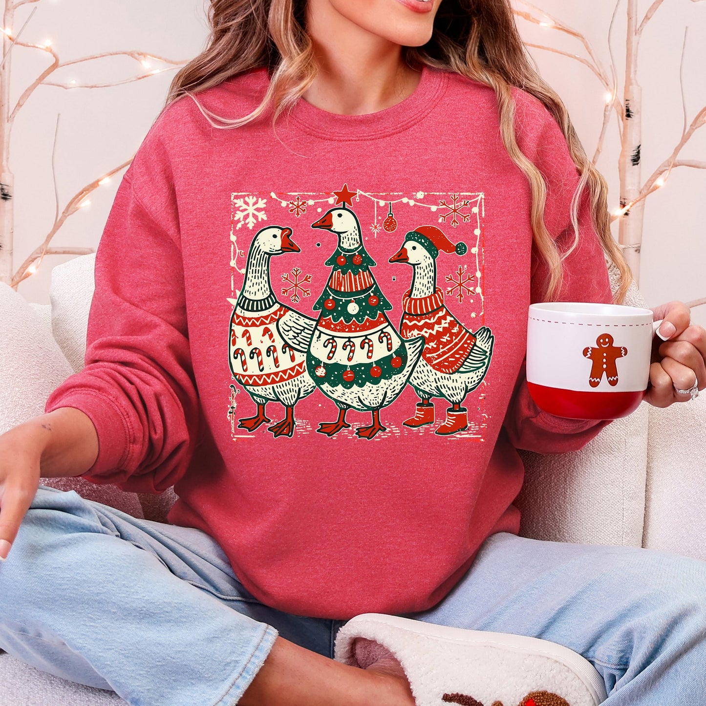 Heather Red Christmas Geese, Sweaters, Funny, Adorable, Cute, Retro Sweatshirt