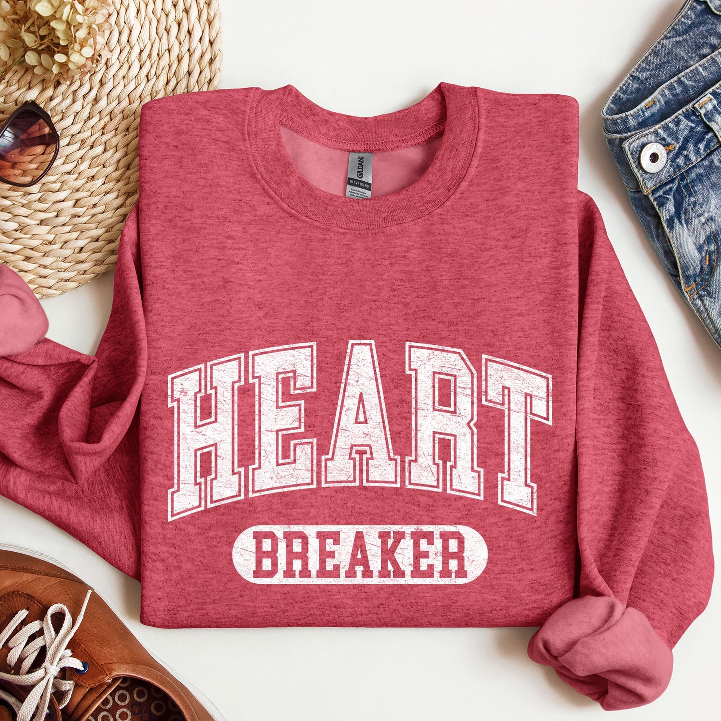 Heather Scarlet Red Heart Breaker Crewneck Sweatshirt – Valentine’s Day Graphic Pullover