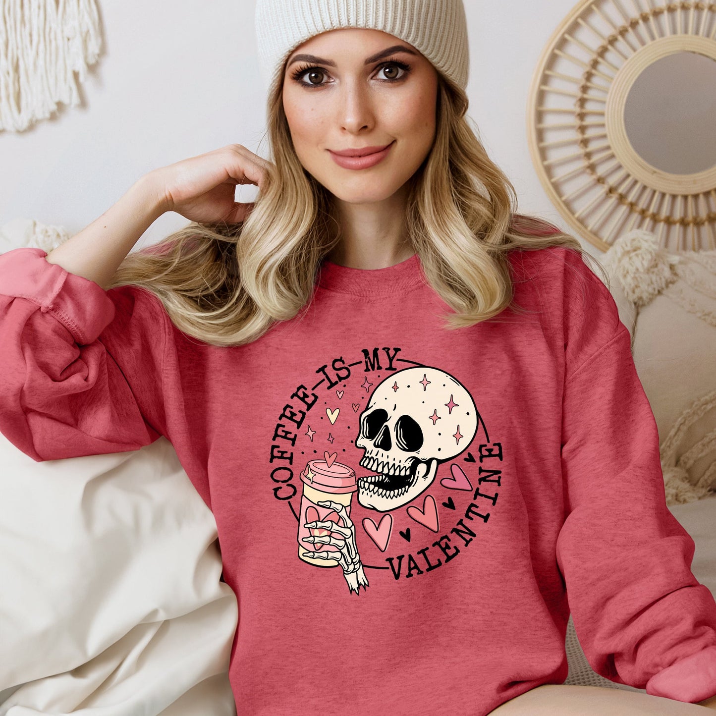 Heather Scarlet Red Coffee Is My Valentine, Skeleton, Caffeine, Sweatshirt, Valentine's Day