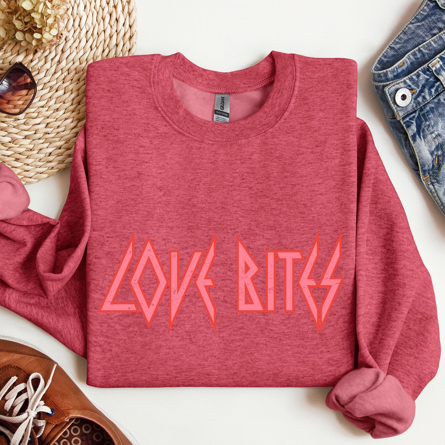 Heather Scarlet Red Love Bites Rock Sweatshirt – Retro 80s Valentine’s Day Music Lover Crewneck