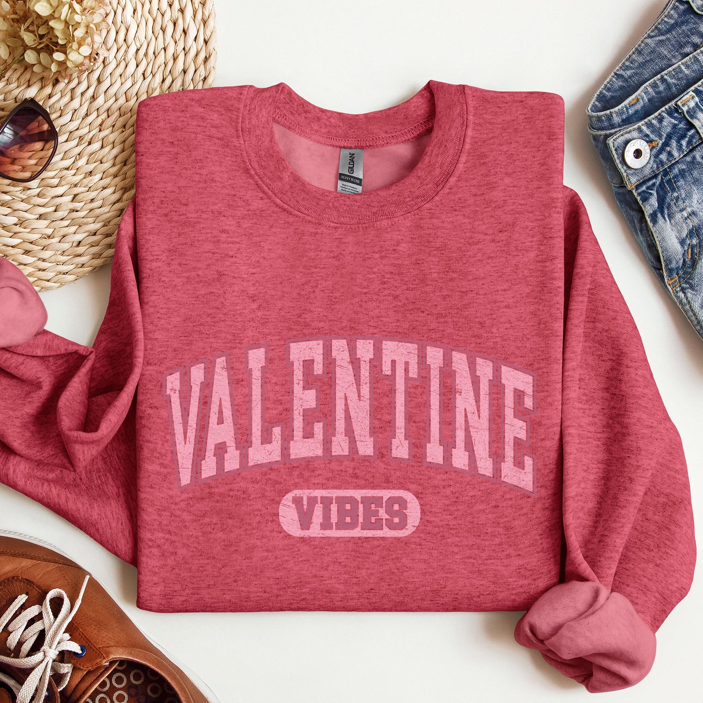 Heather scarlet red Valentine Vibes College Style Sweatshirt – Cute Valentine Crewneck