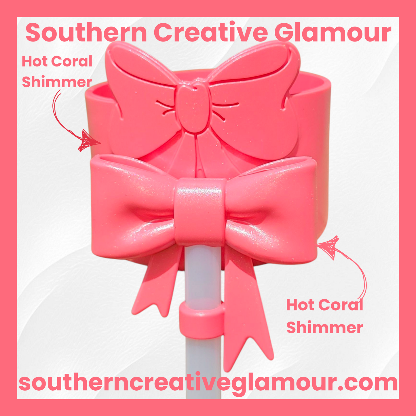 Hot Coral Shimmer Bow Tumbler Boot and Bow Straw Topper. 