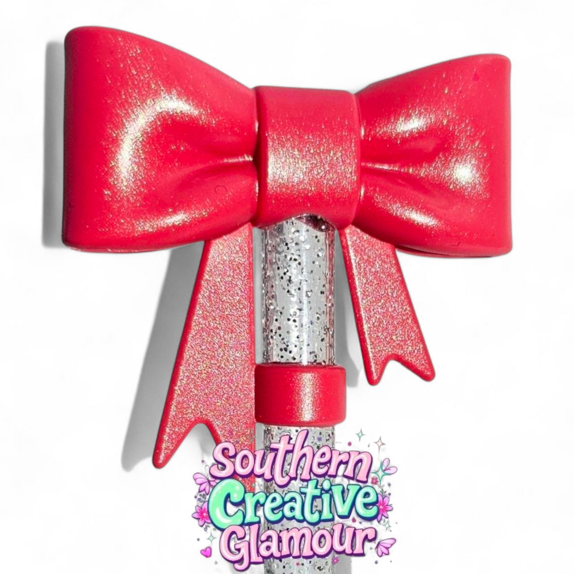 Hot Coral Shimmer 3D Bow Silicone 10mm Straw Topper | Straw Cover by Southern Creative Glamour 