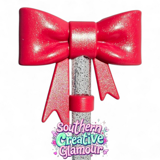 Hot Coral Shimmer 3D Bow Silicone 10mm Straw Topper | Straw Cover by Southern Creative Glamour 