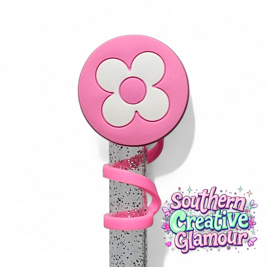 Louis Vuitton " LV " inspired Hot Pink & White Flower 2D Silicone 10mm Straw Topper by Southern Creative Glamour 