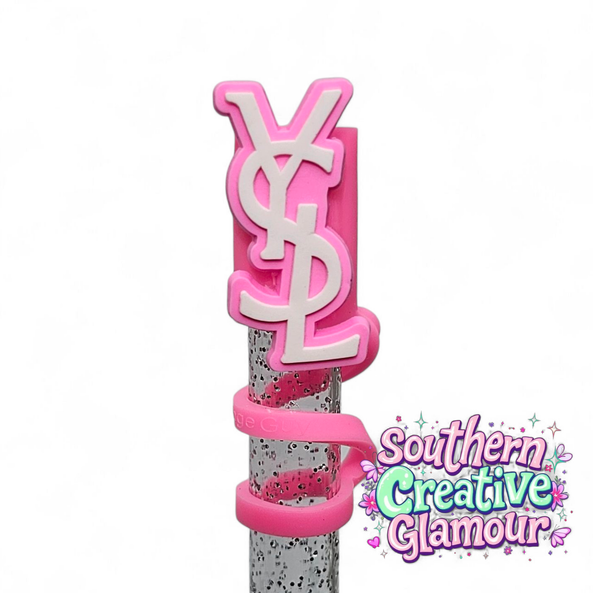 Saint Laurent YSL Hot Pink & White Fashion 2D Silicone 10mm Straw Topper by Southern Creative Glamour 