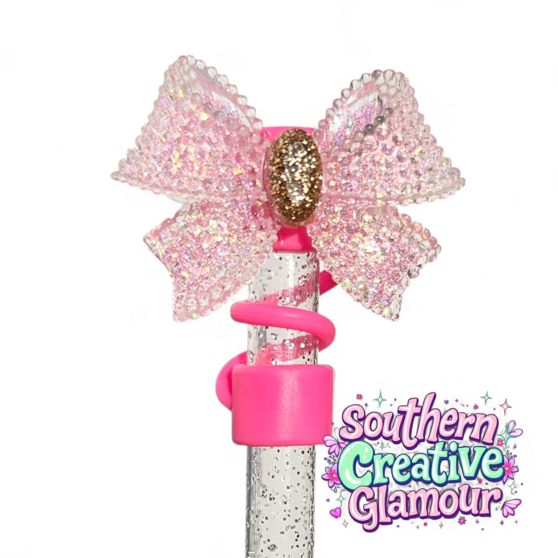 Glitter Ribbon Bow Straw Topper - Hot Pink by Southern Creative Glamour 
