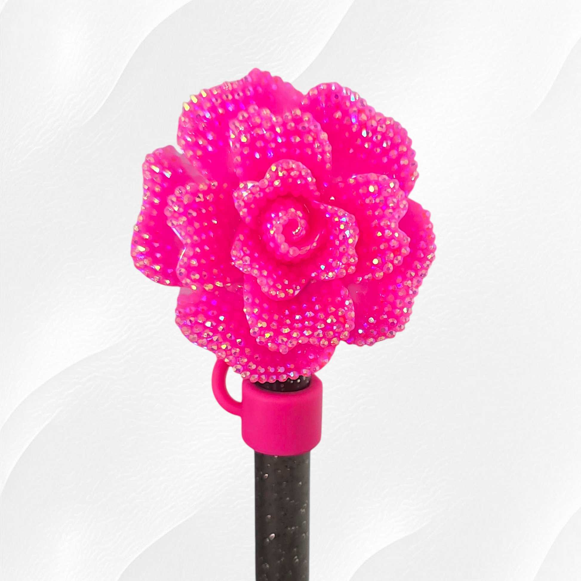 Hot Pink glitter rose straw topper by Southern Creative Glamour. Fits 10mm and Stanley Straws. 