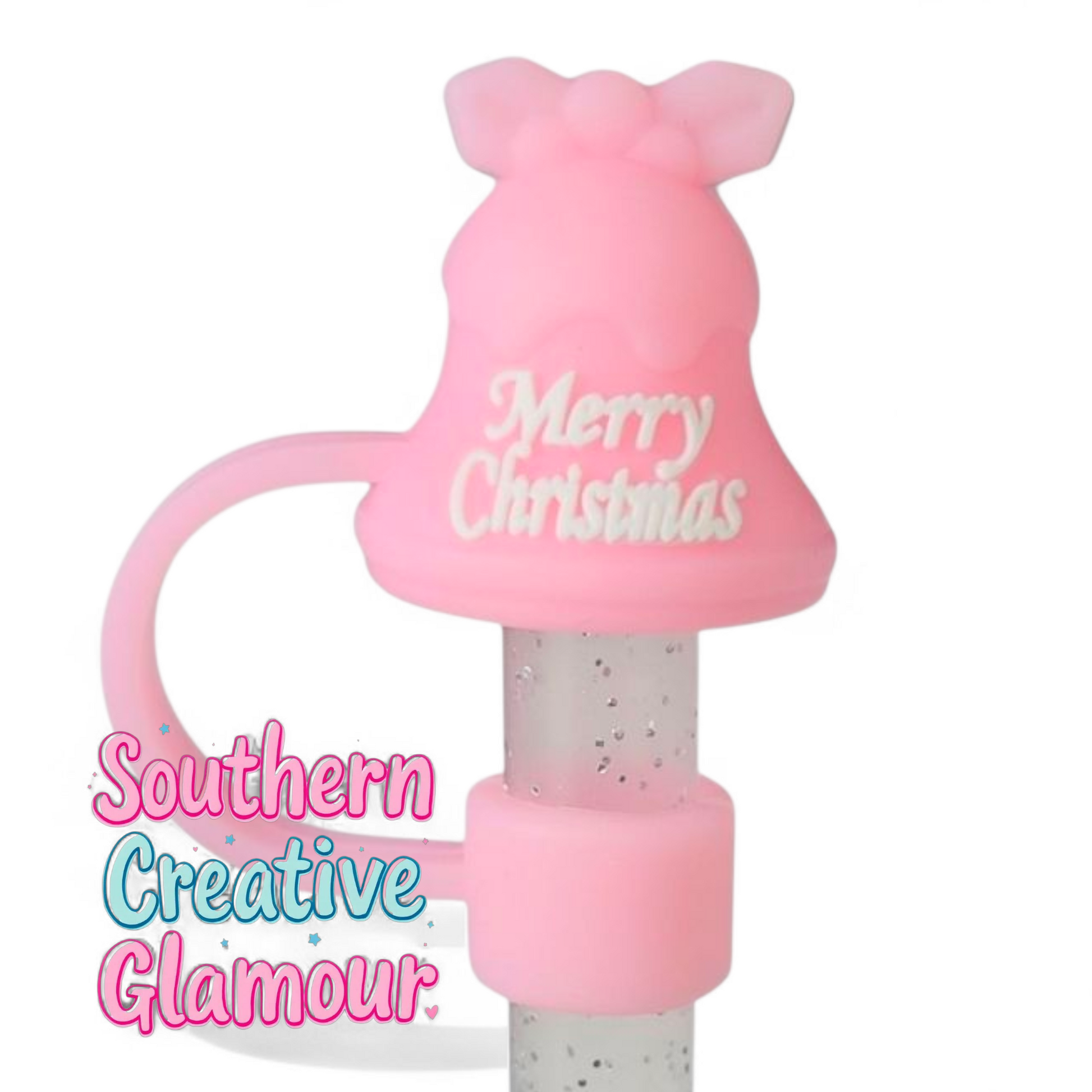 Hot Pink Merry Christmas Jingle Bell 3D Silicone 10mm Straw Topper by Southern Creative Glamour 