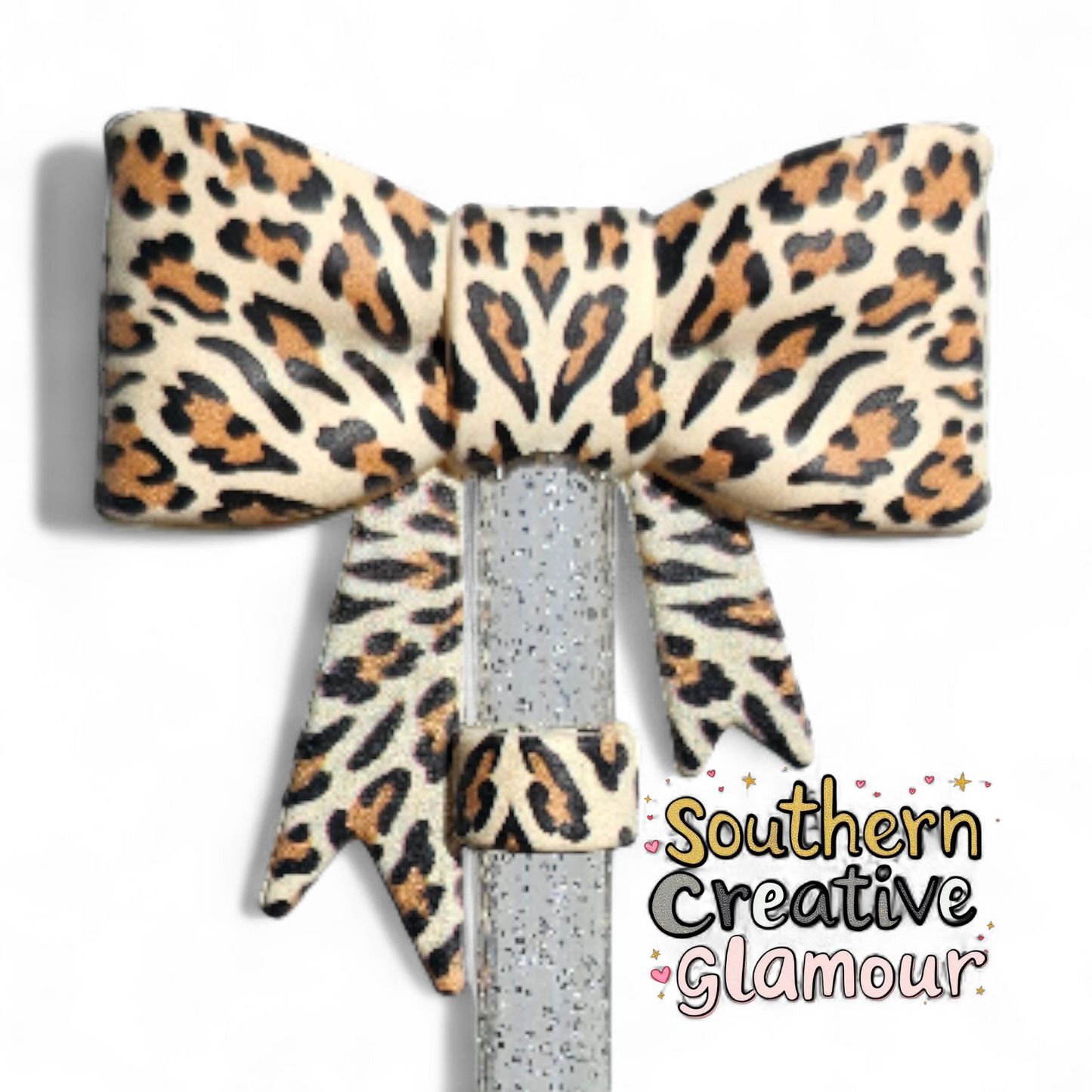 Leopard Print 3D Bow Silicone 10mm Straw Topper by Southern Creative Glamour 