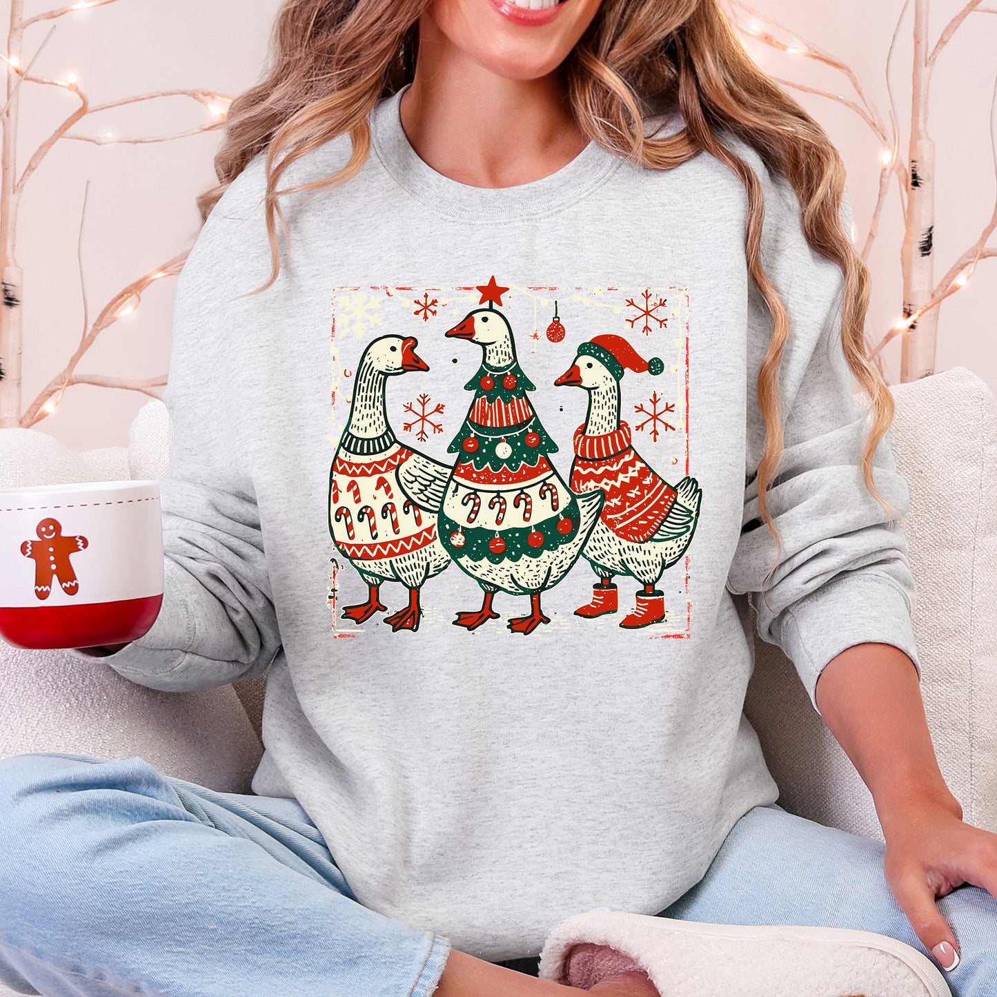Light Ash Gray Christmas Geese, Sweaters, Funny, Adorable, Cute, Retro Sweatshirt