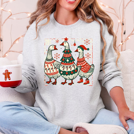 Light Ash Gray Christmas Geese, Sweaters, Funny, Adorable, Cute, Retro Sweatshirt