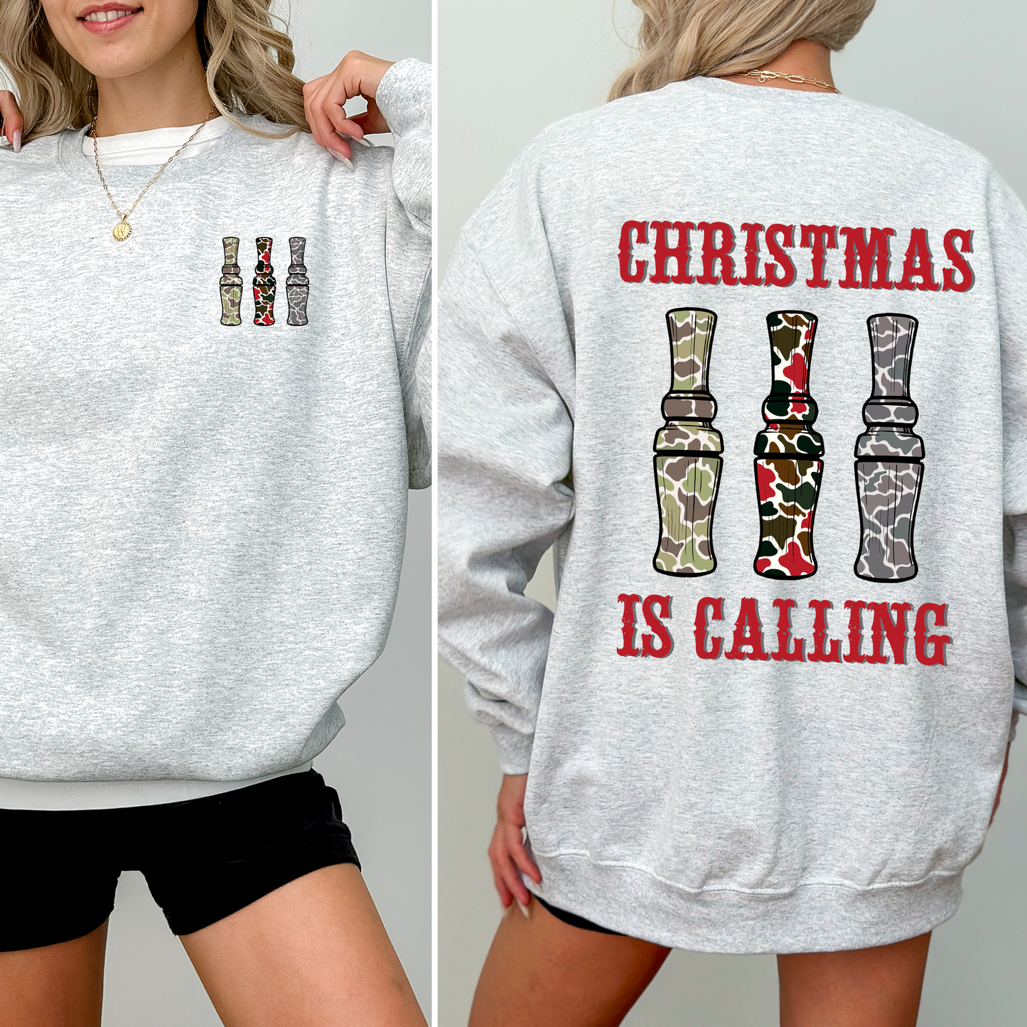 Light Ash Gray Christmas is Calling, Duck Season, Hunting, Front and Back Sweatshirt