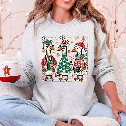 Light Ash Gray Christmas Geese, Funny, Adorable, Cute, Retro Sweatshirt