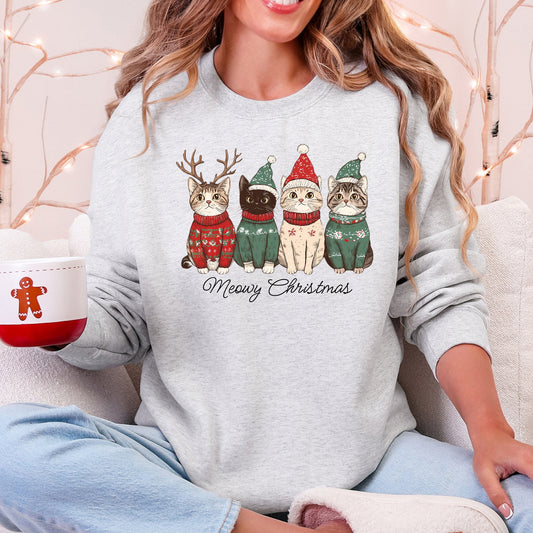Light Ash Gray Meowy Christmas, Cats, Cute, Santa, Pets Sweatshirt